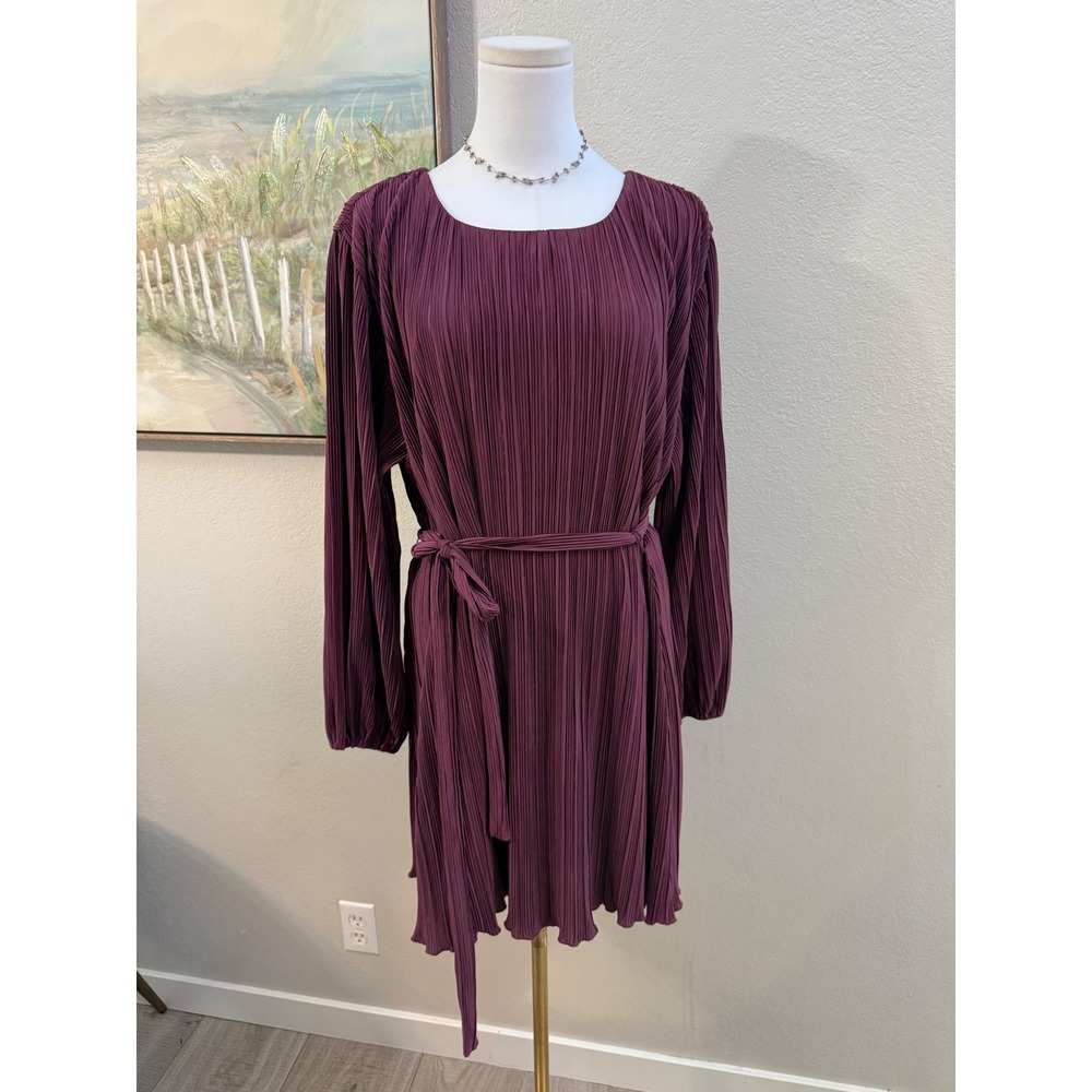 Abercrombie & Fitch Pleated Long Sleeve Mini Dress Belted Mauve Purple XL Petite